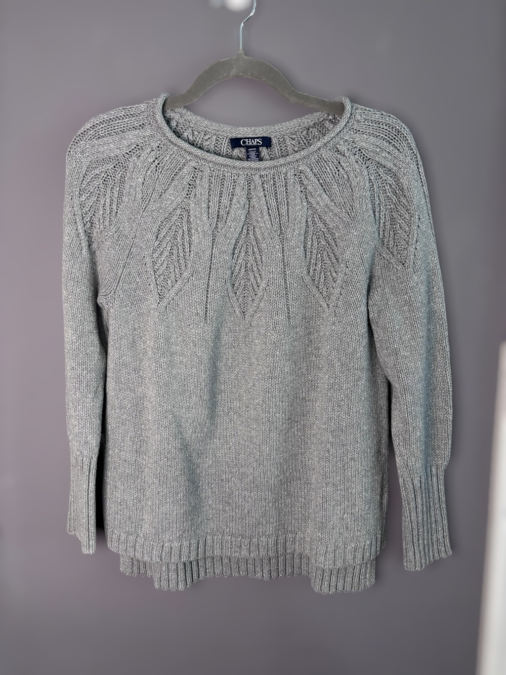 Chaps Metallic Silver Yoke Cable Knit Sweater Small
